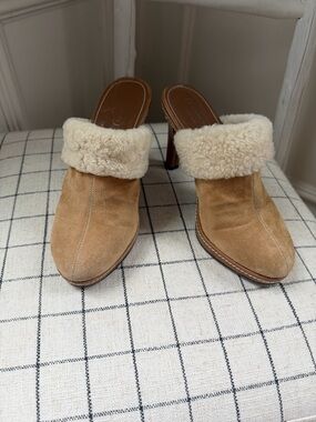 Coach Kacie Tan Suede Mule Heels with Cream Shearling Cuff